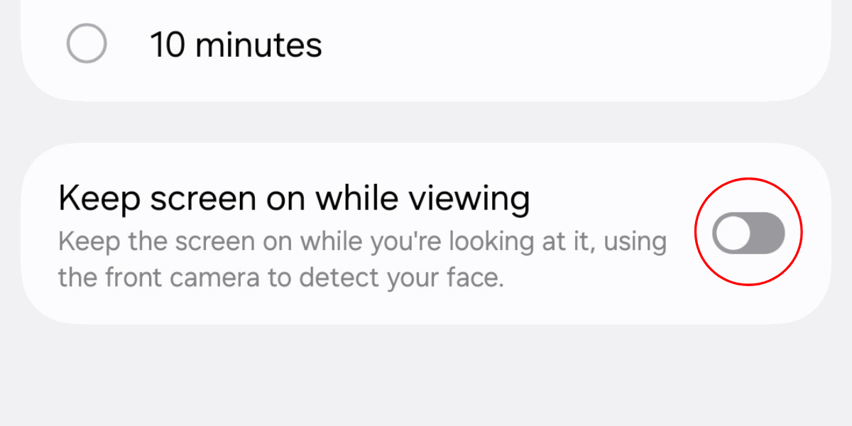Screenshot of the keep screen on while viewing feature in the screen timeout menu on the Galaxy S25.