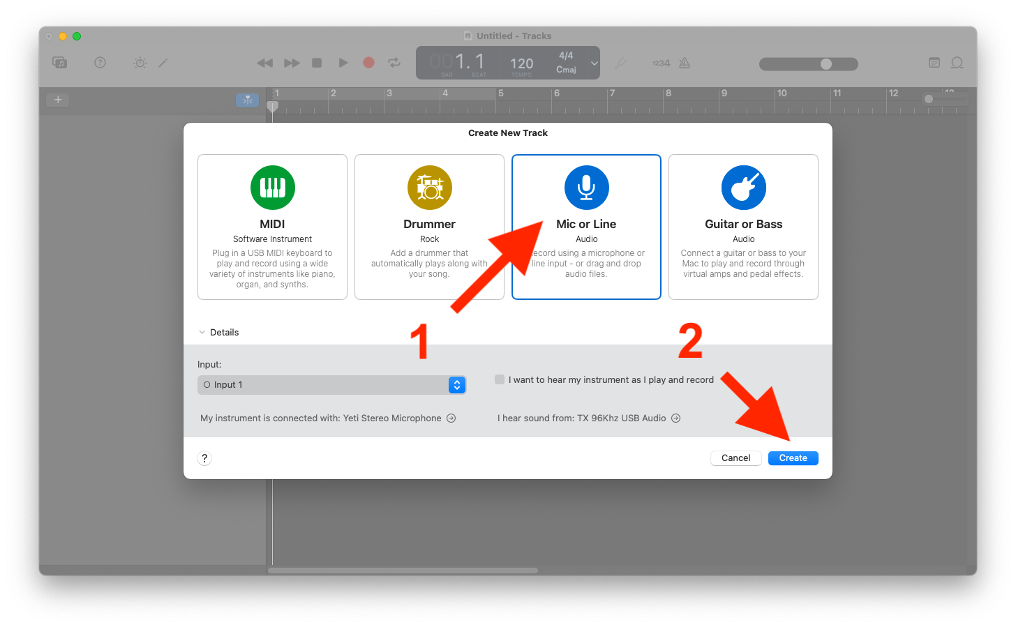Creating a new mic track in GarageBand.