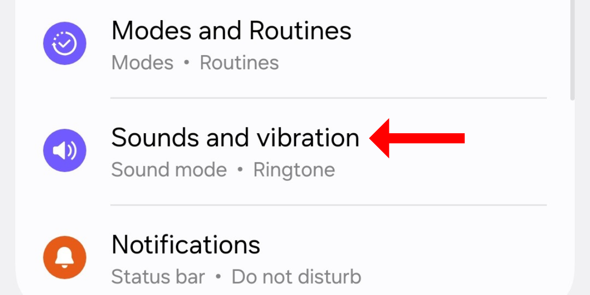 Screenshot of the sounds and vibration option in the Settings app on the Galaxy S25.