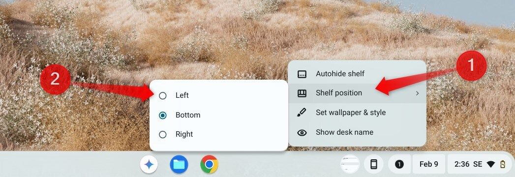 Changing the position of the shelf to left on ChromeOS.