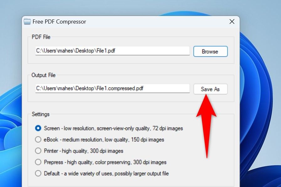 "Save As" highlighted in Free PDF Compressor.