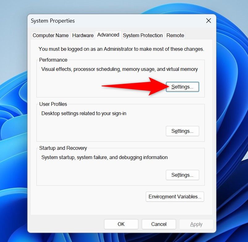 "Settings" highlighted on the "System Properties" window.