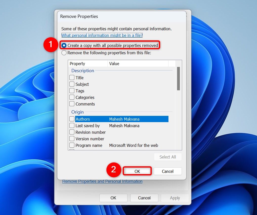 "Create a Copy With All Possible Properties Removed" and "OK" highlighted on the "Remove Properties" window.