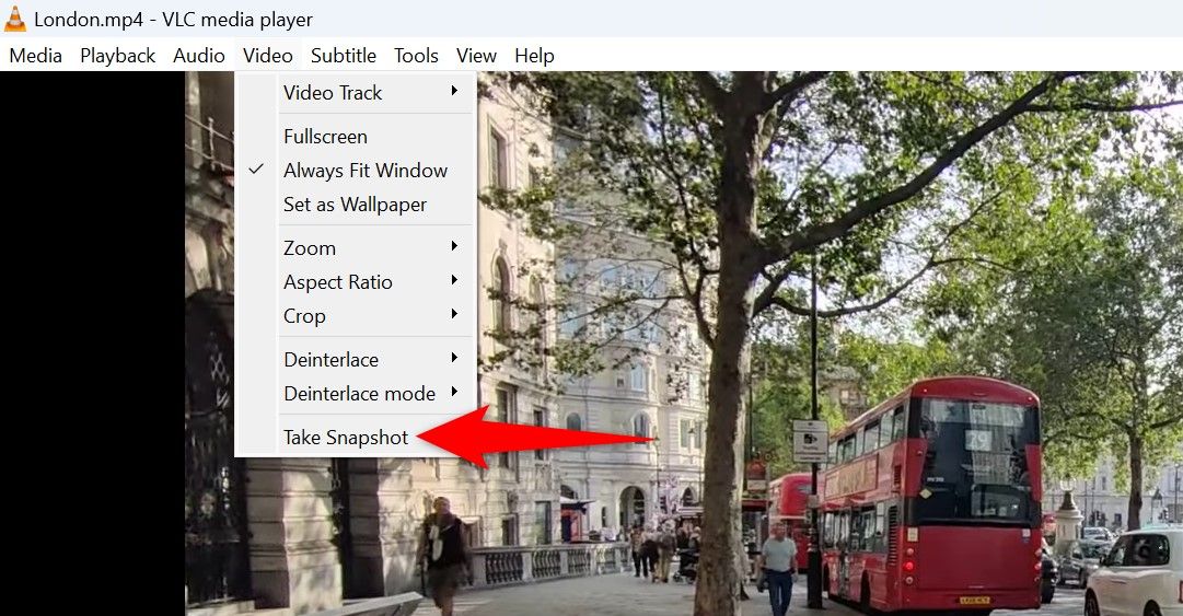 Video > Take Snapshot highlighted in VLC.