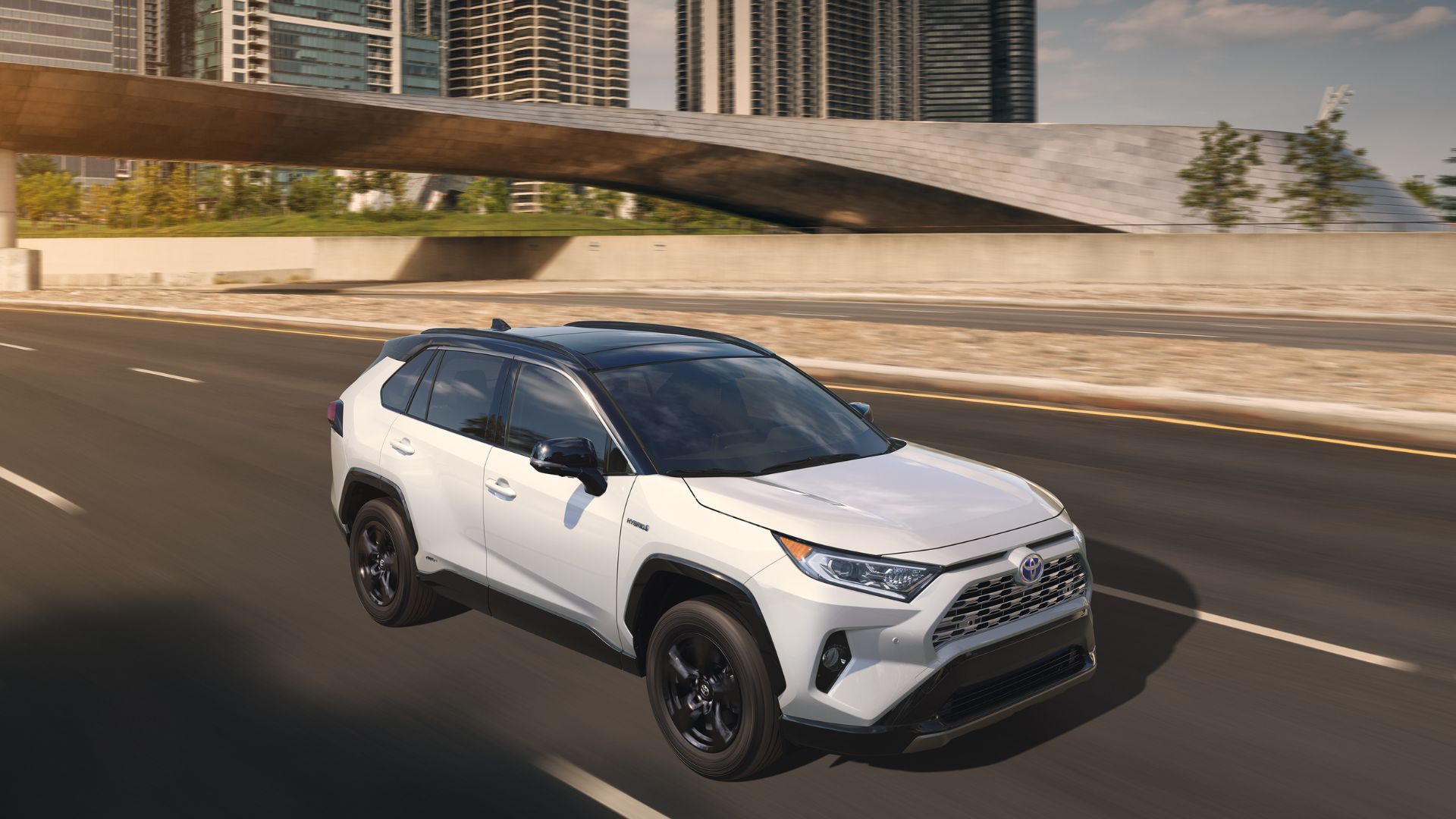 White 2019 Toyota RAV4 driving on a freeway in a city.