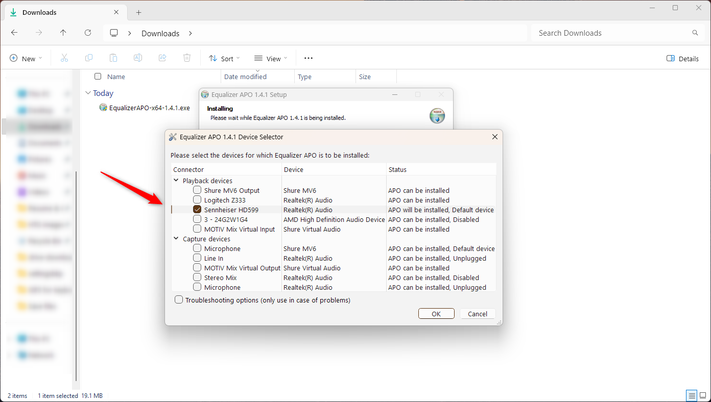 Selecting the correct device in Equalizer APO.