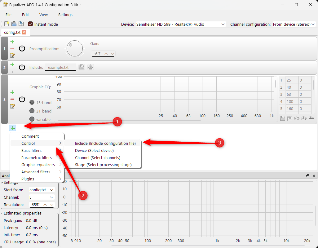 Adding a new filter in the Equalizer APO Configuration Editor.