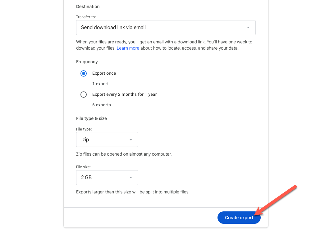 Configure the Google Takeout export.