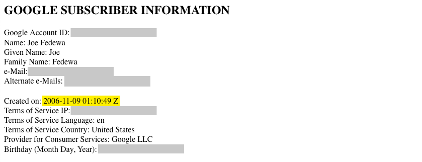 Google Account creation date.