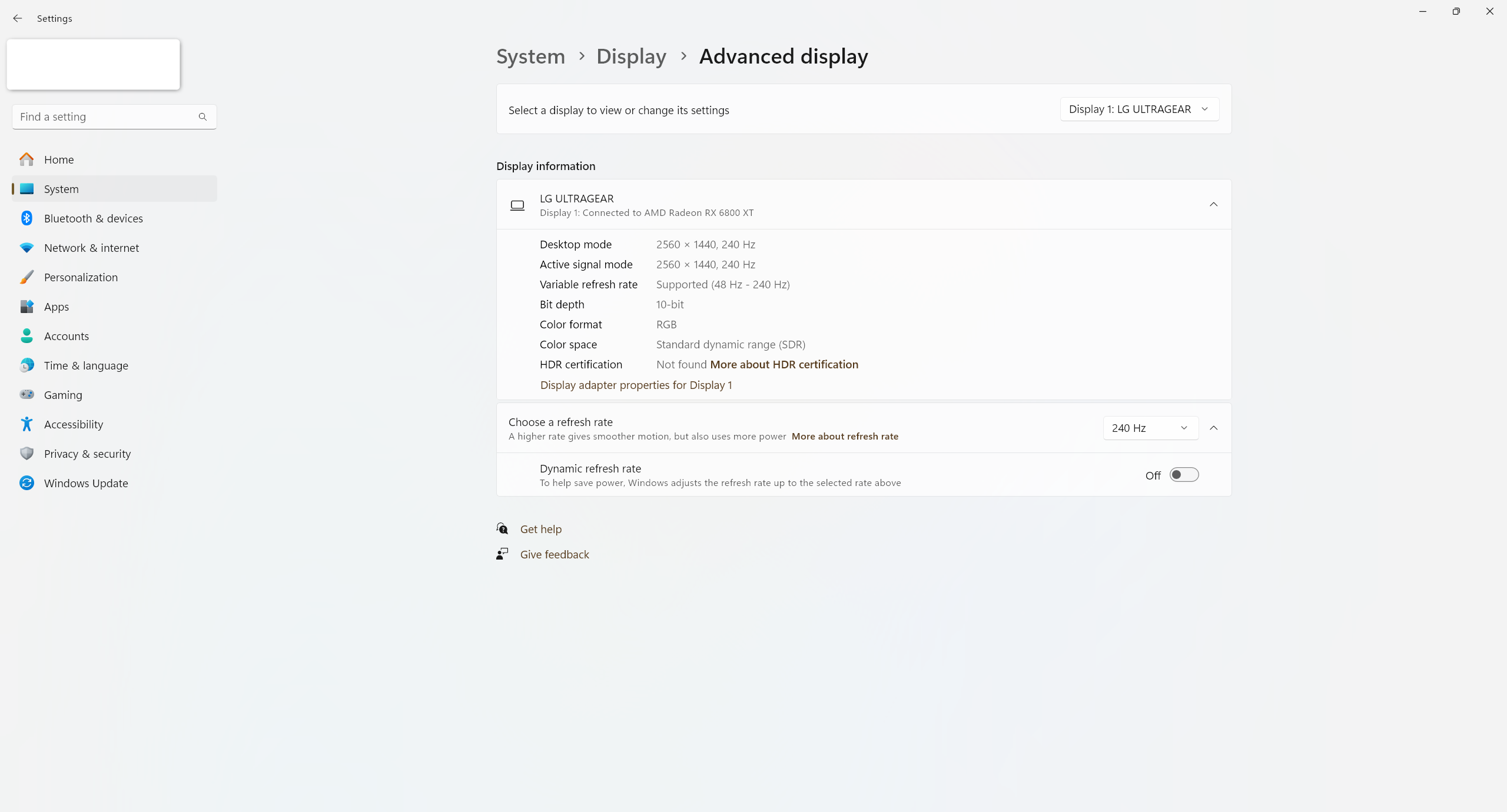 The monitor refresh rate settings in Windows 11.