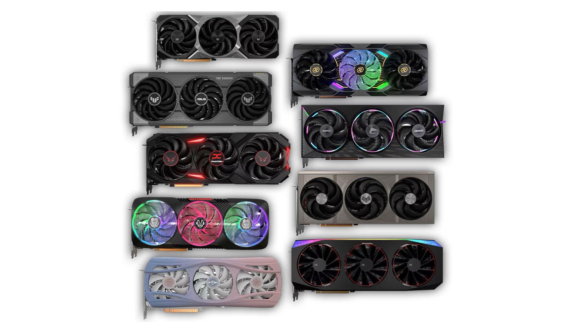 A collection of AMD RX 9070 GPUs from various partner brands.