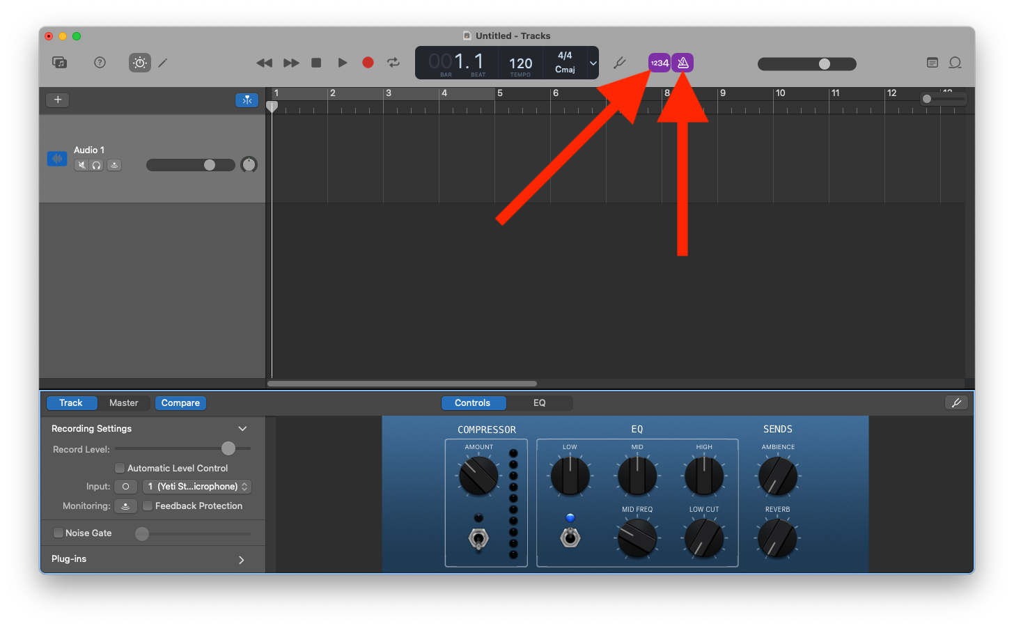 The timer and metronome buttons in GarageBand.