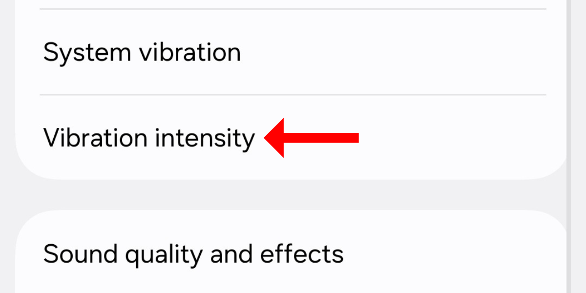 Screenshot of the vibration intensity option in the sounds and vibration menu in Galaxy S25's settings. 