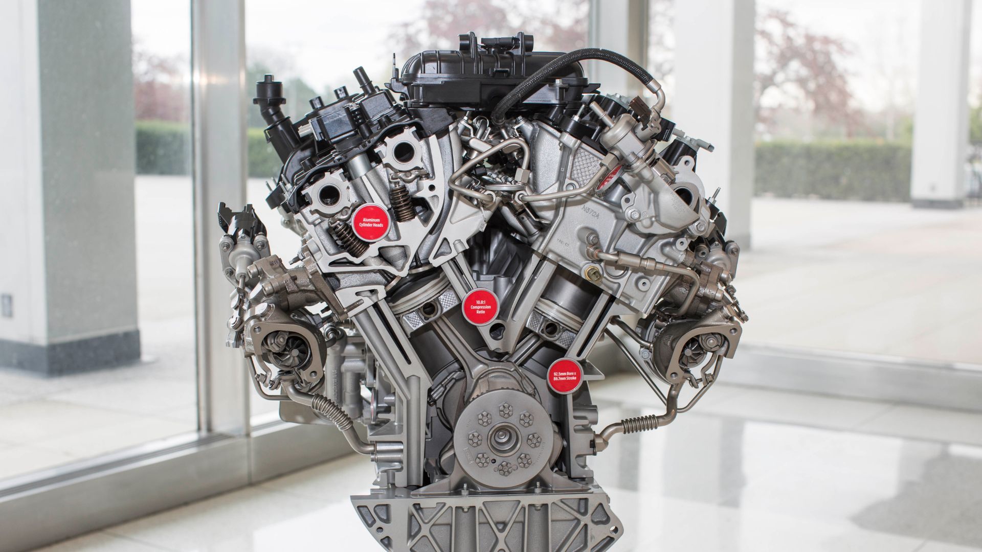 Close up of 3.5-liter EcoBoost Ford engine.