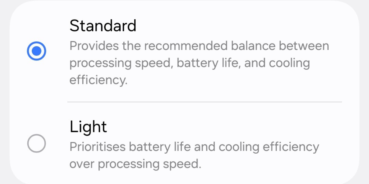 Screenshot of the performance profile settings on the Galaxy S25 Plus.