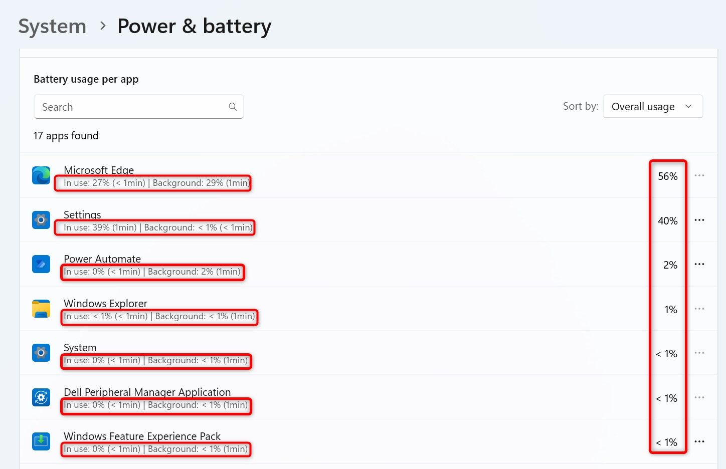 Battery usage per app in Settings.