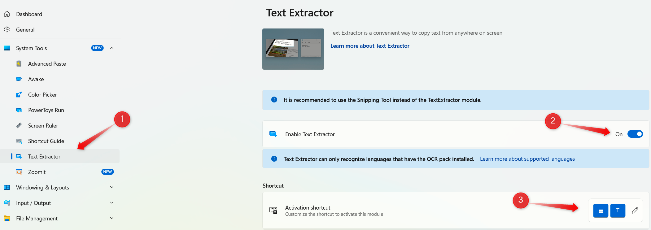 Enabling the Text Extractor in the PowerToys app on Windows.