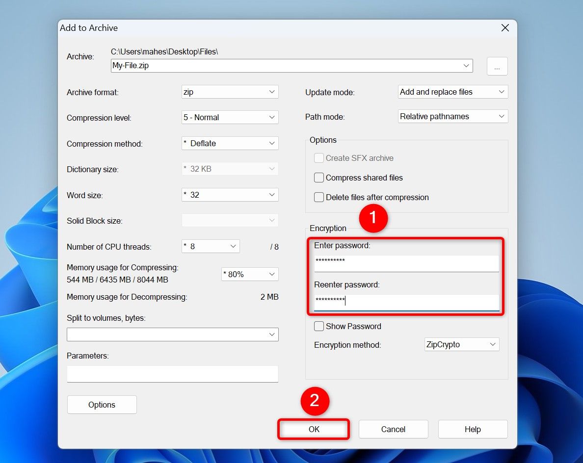 The password fields and "OK" highlighted on the "Add to Archive" window.