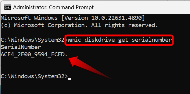 Finding the serial number of a hard drive using Windows Command Prompt.