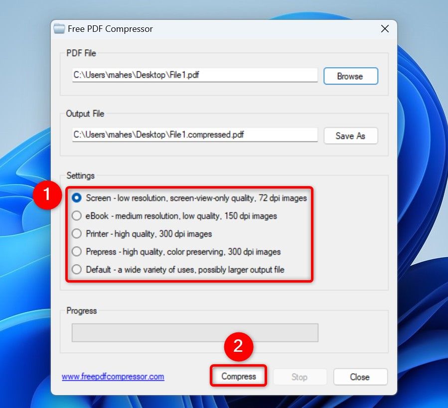 Compression options and "Compress" highlighted in Free PDF Compressor.