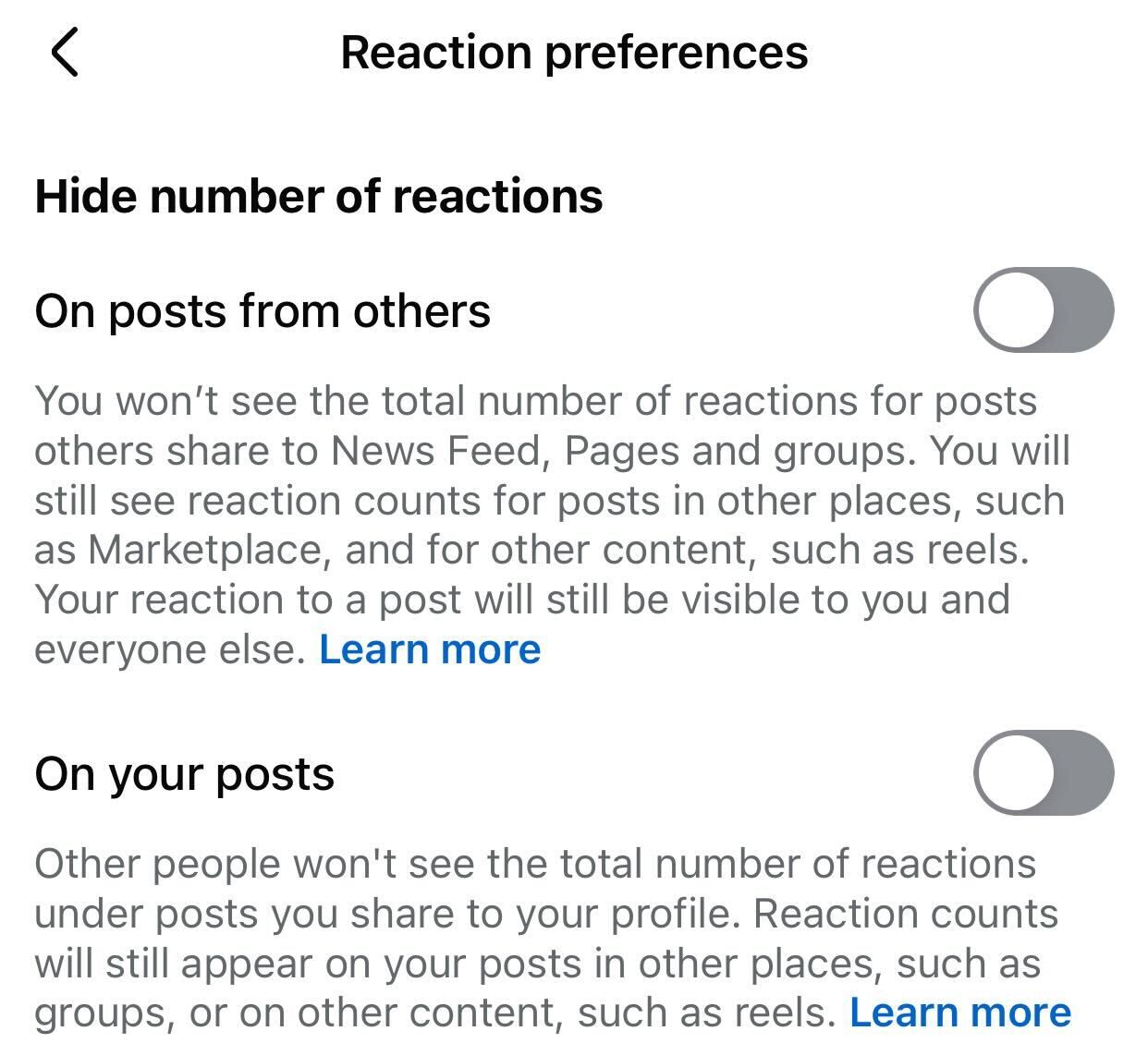 Hiding numbers of reactions on my posts and posts from others in Facebook settings.