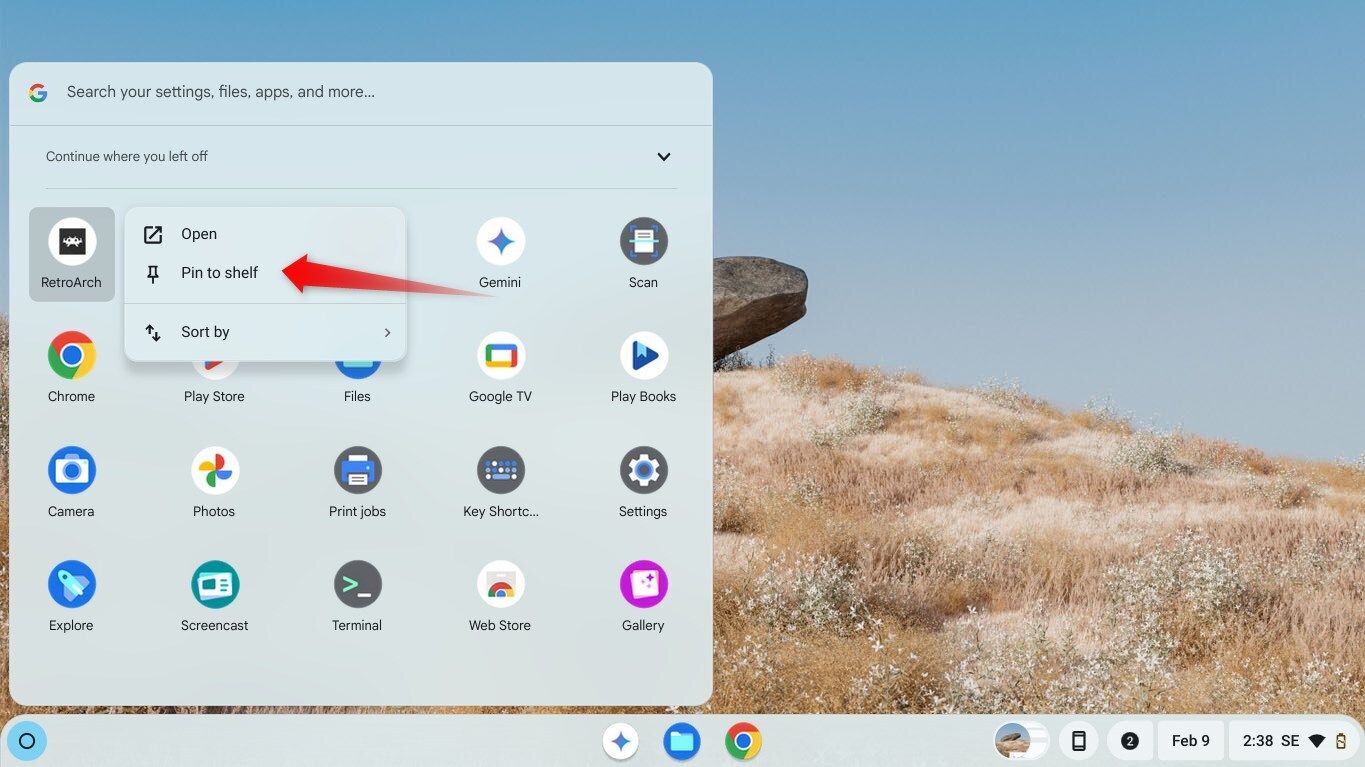 Pinning a frequently used app to the Shelf on ChromeOS.