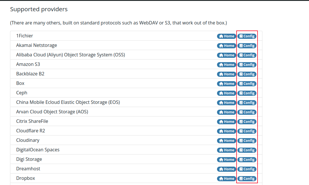 The rclone website with the config buttons highlighted.