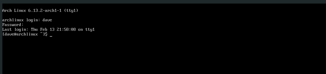 Signing into a fresh Arch Linux installation, which provides nothing more than the command line.