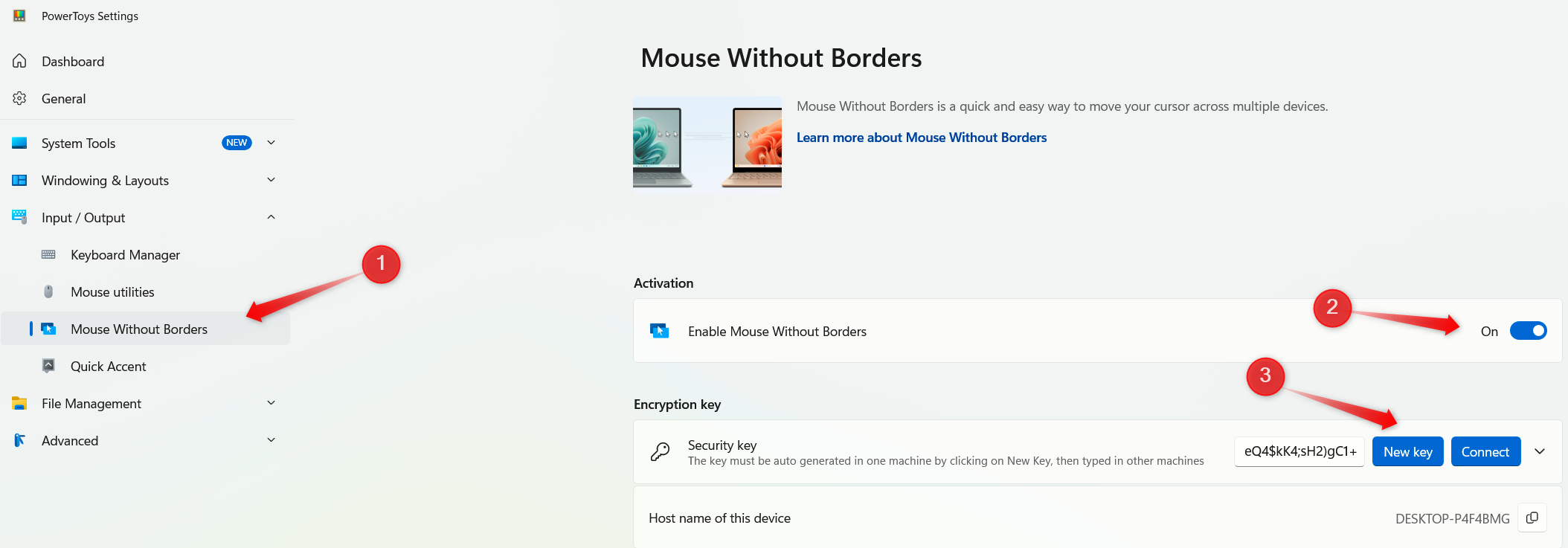 Generating a new key to pair two devices using Mouse Without Borders feature in the PowerTools app on Windows.