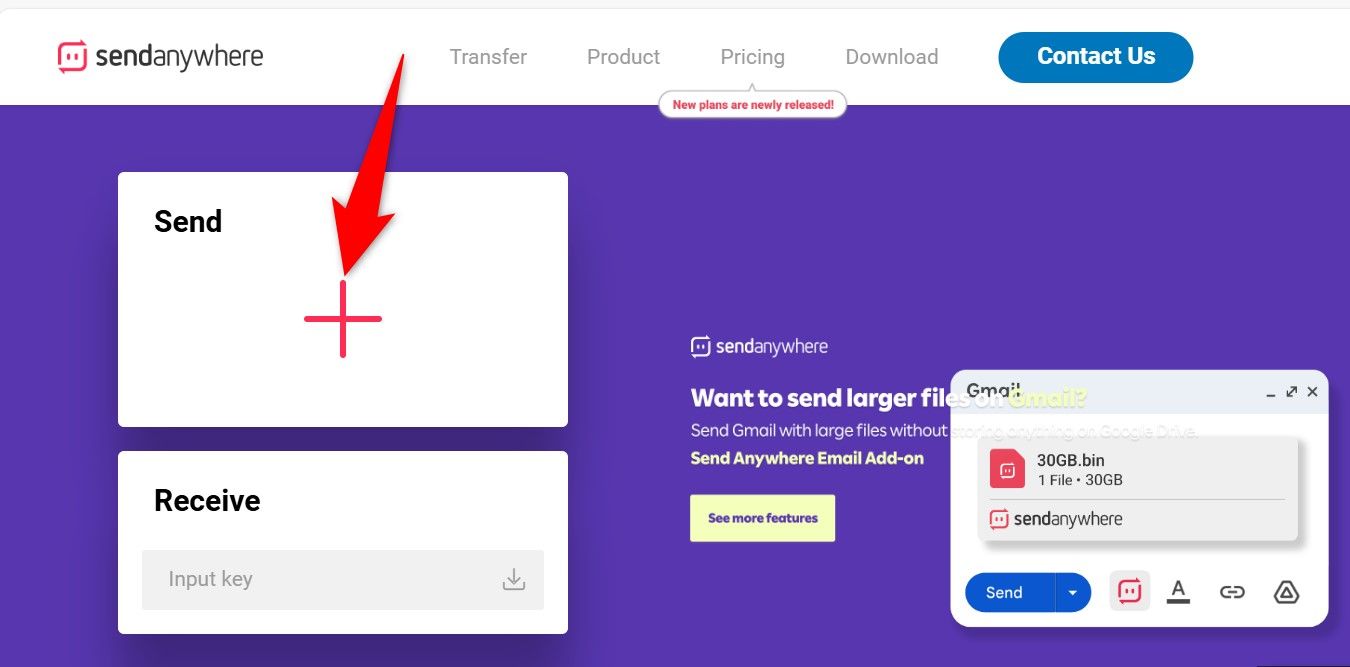 The plus sign highlighted in the "Send" section of the Send Anywhere site.