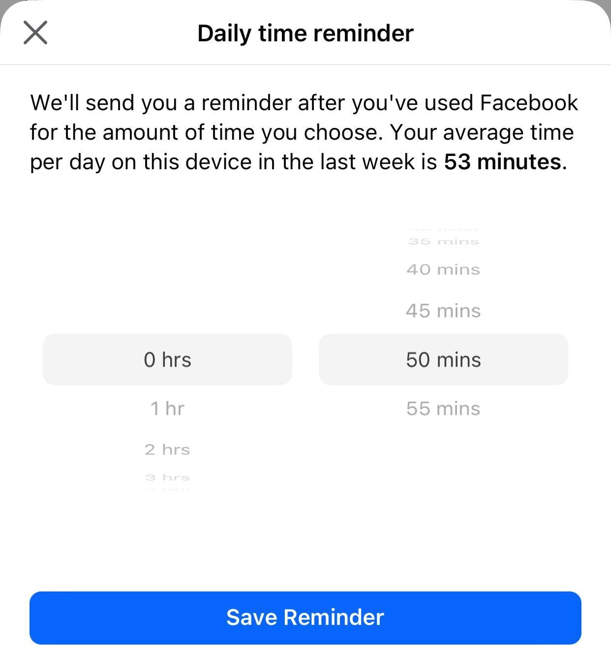 Setting a daily time reminder in Facebook settings.