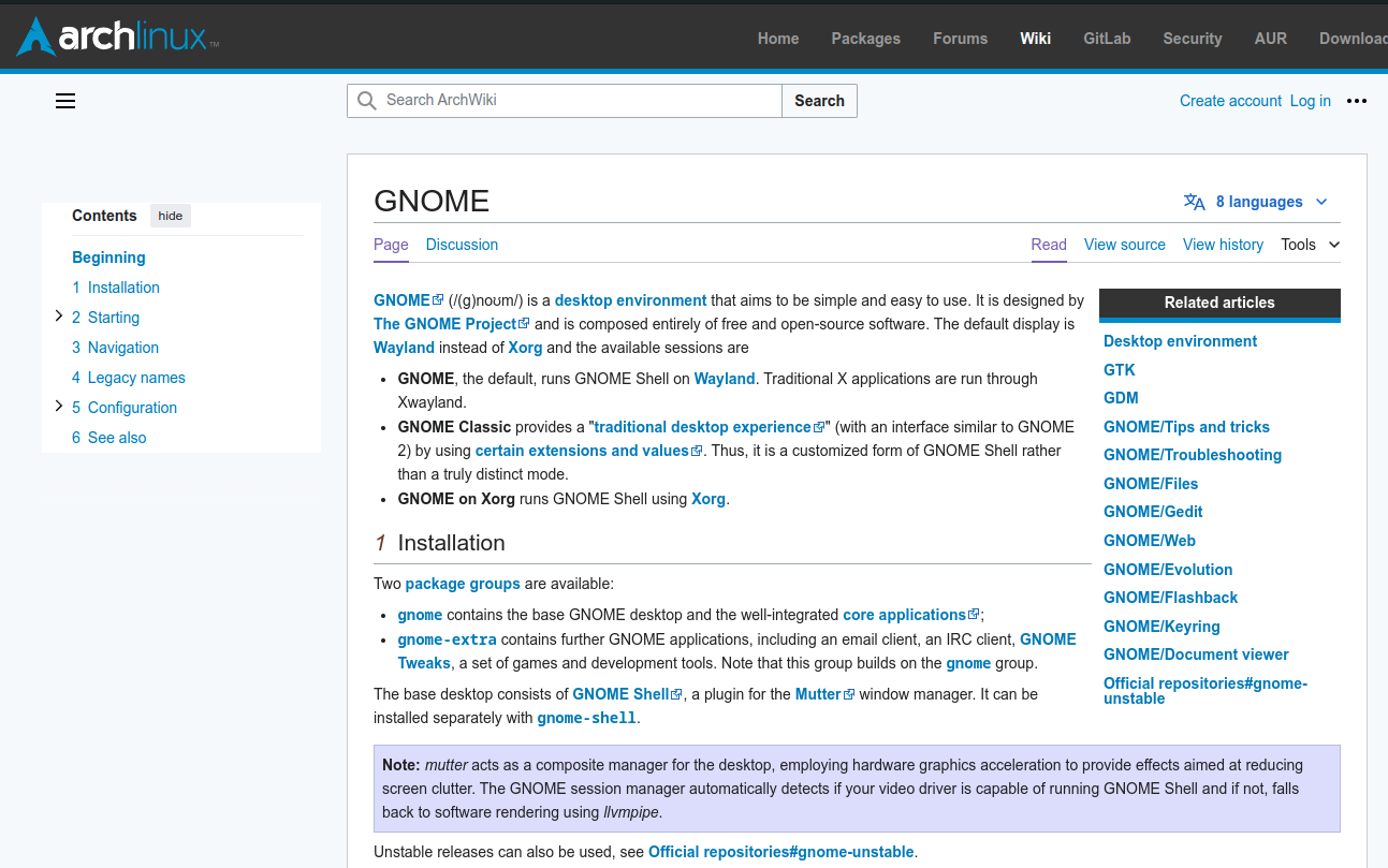 The ArchWiki showing the main GNOME page.