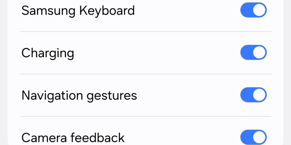 Screenshot of the haptic vibration categories in the Galaxy S25.