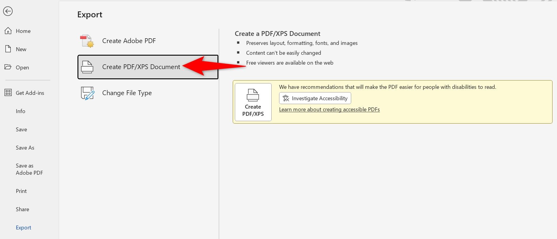 "Create PDF/XPS Document" highlighted in Microsoft Word.