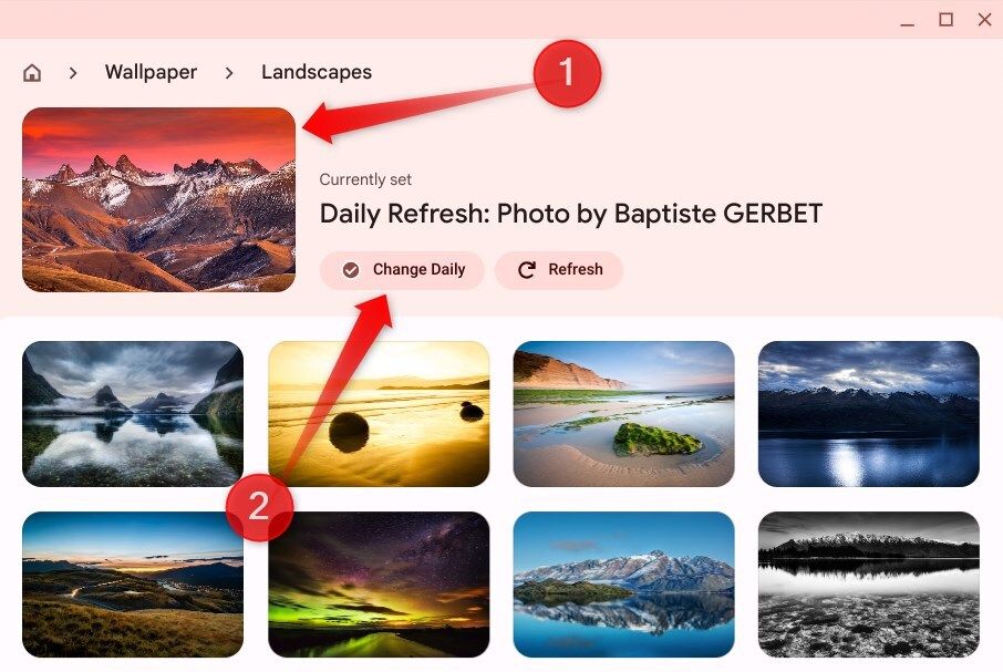 Selecting a wallpaper and setting it to change daily in ChromeOS.