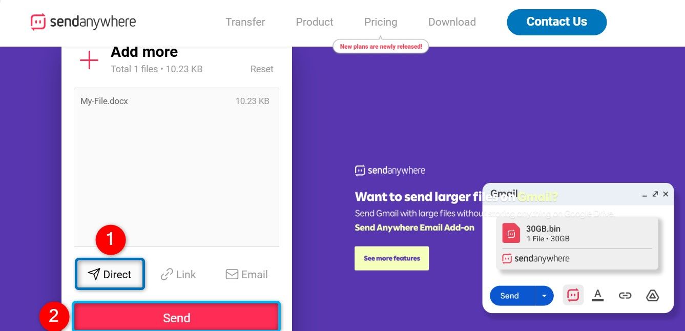 "Direct" and "Send" highlighted on the Send Anywhere site.