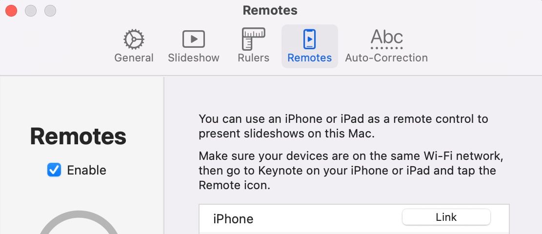 Link button next to an iPhone on the same network in the Remotes tab in macOS Keynote app.