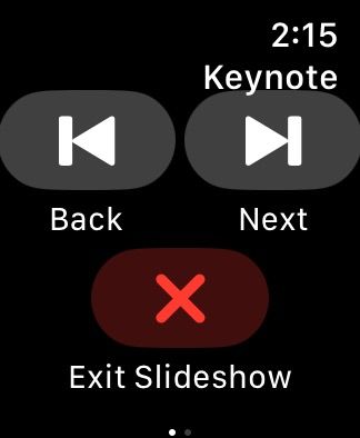 Slideshow controls in watchOS Keynote app on an Apple Watch.