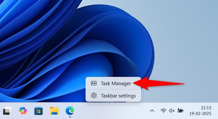 "Task Manager" highlighted in Windows taskbar's context menu.