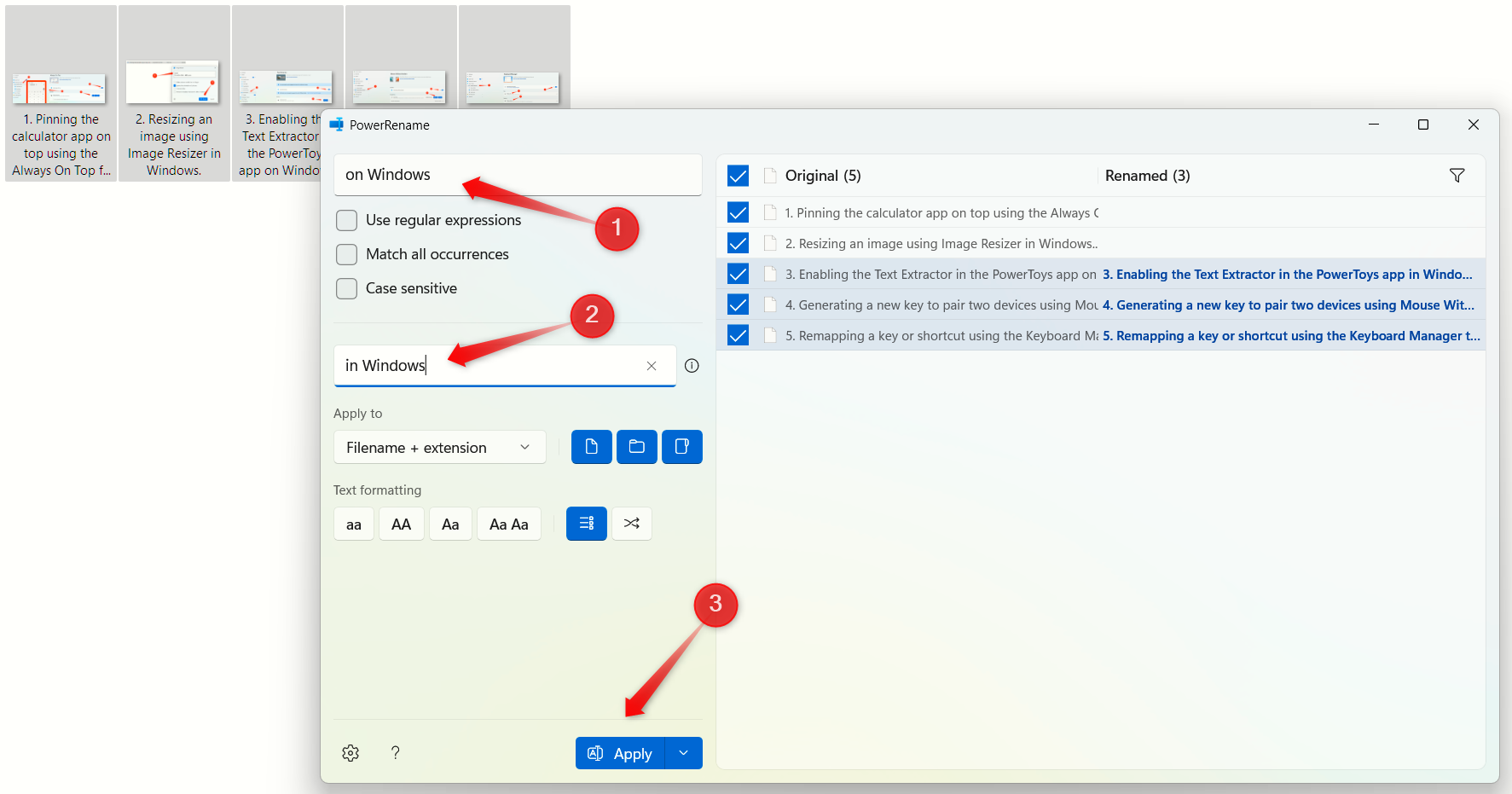 Renaming multiple files using the PowerRename tool in the PowerToys app on Windows.