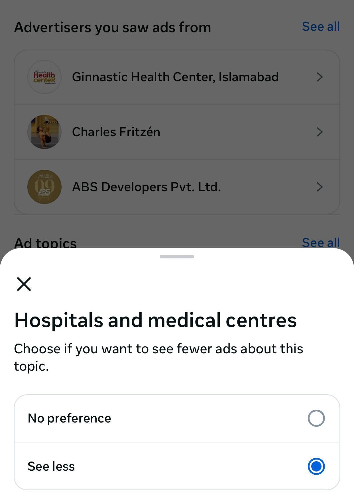 Telling Facebook to show less ads related to Hospitals and Medical Centres on Facebook.