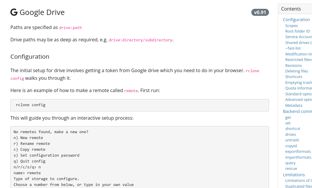 The rclone website showing a sample config question and answer session.