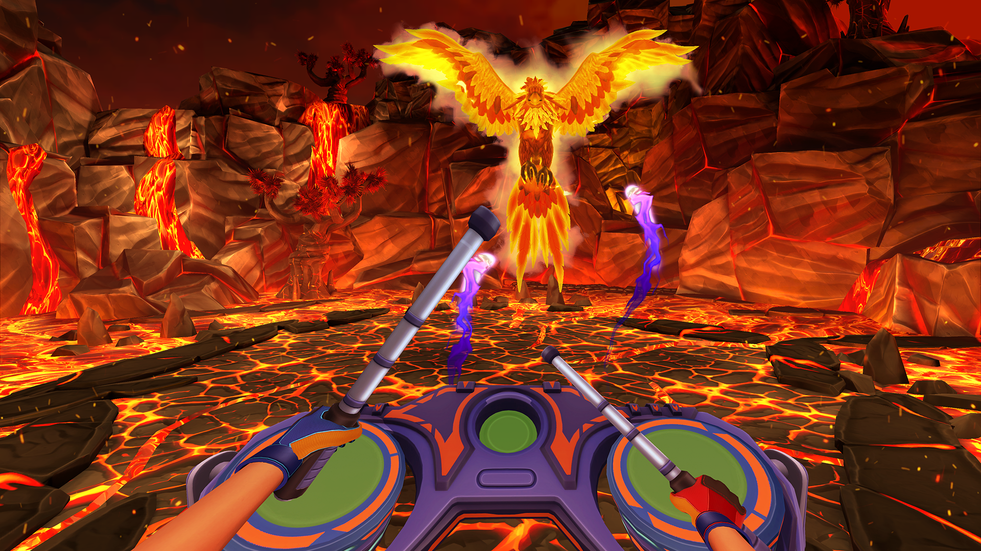 Fighting a phoenix fire bird in Fitness Fables.