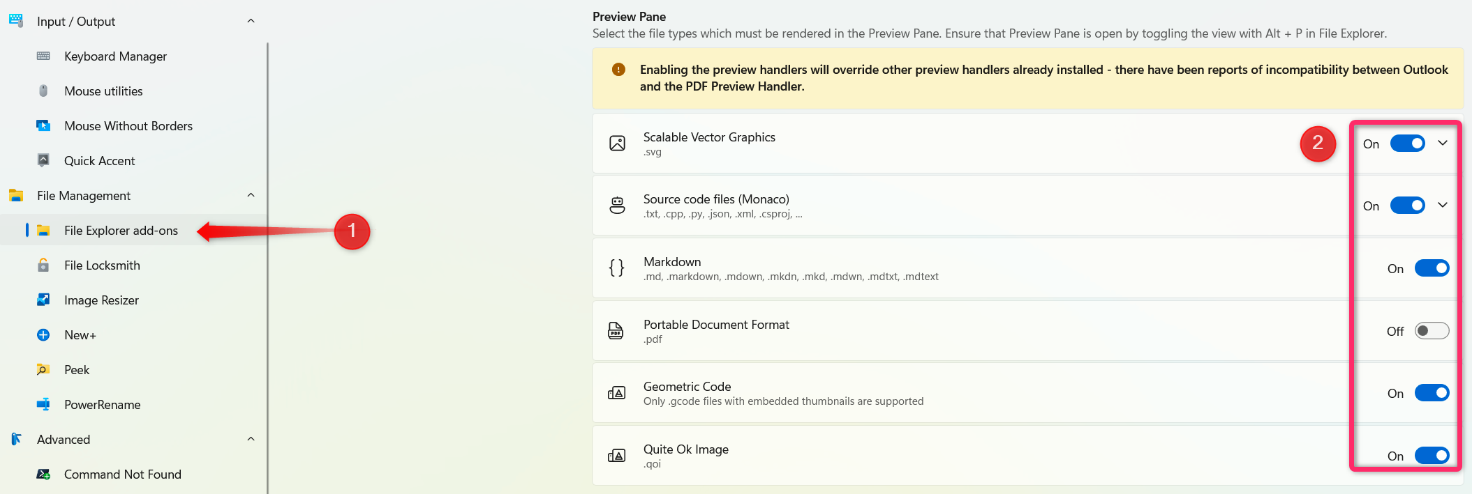 Enabling the preview handlers in the File Explorer Add-ons Settings in the PowerToys app on Windows.