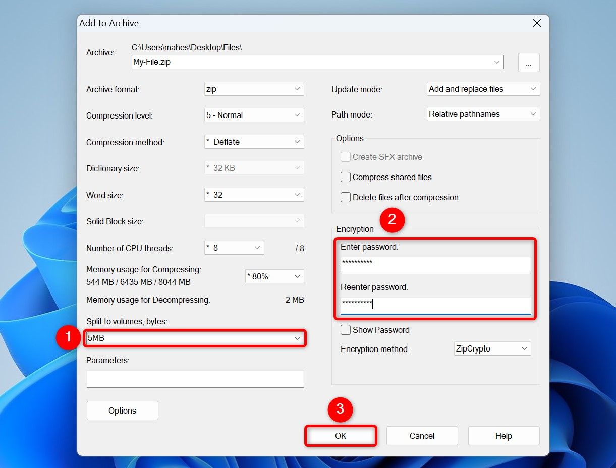 The file splitting field, password fields, and "OK" highlighted on the "Add to Archive" window.