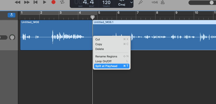 Splitting a track in GarageBand.