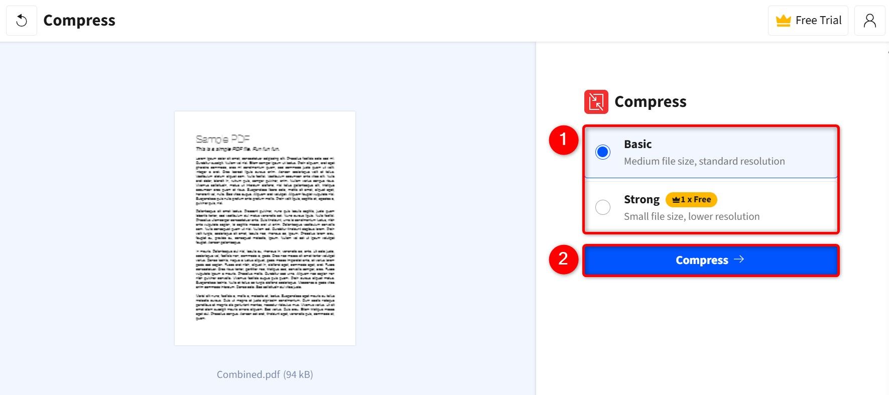 Compression options and "Compress" highlighted on Smallpdf.