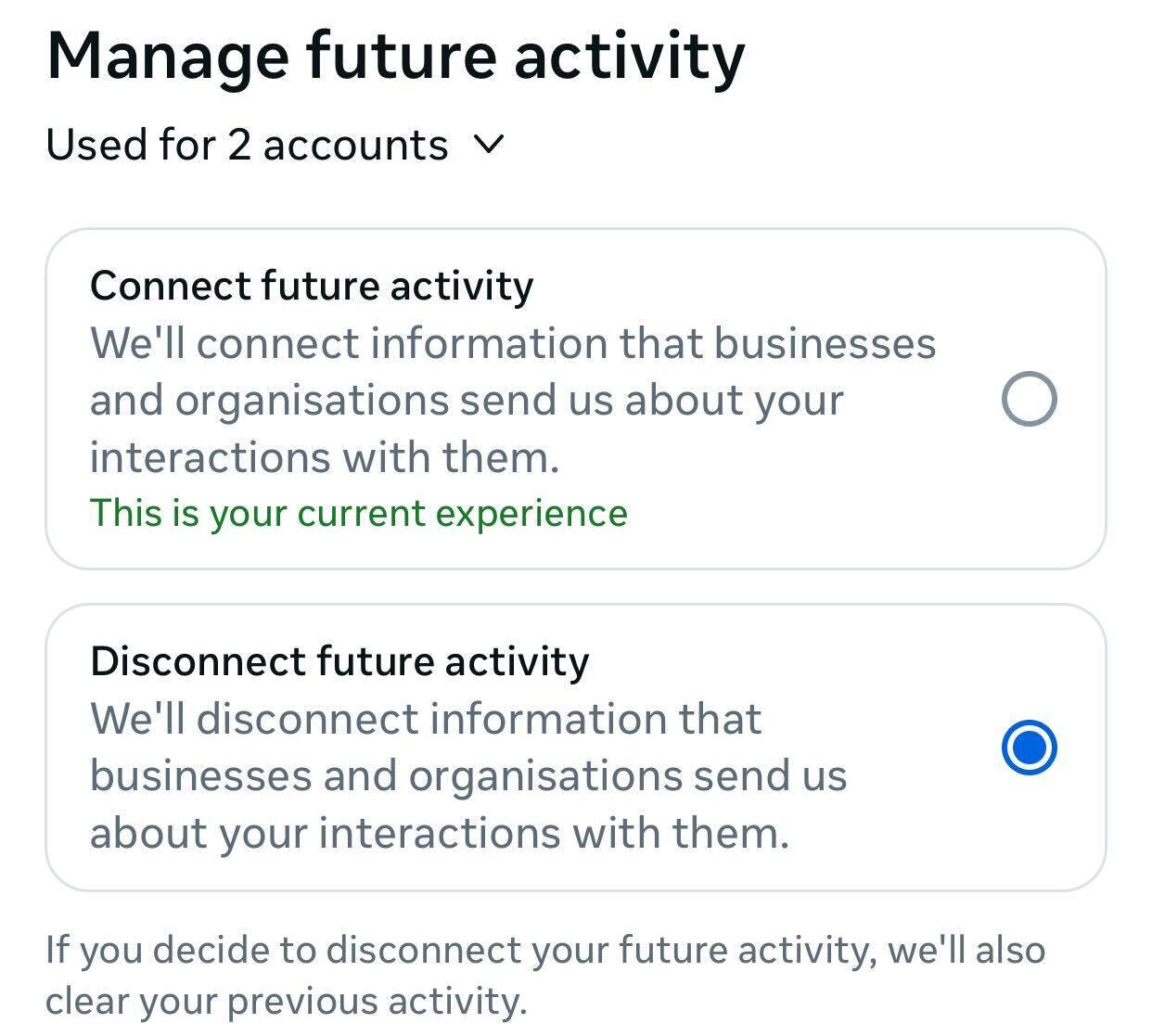 Stopping tracking on future activity by Facebook.