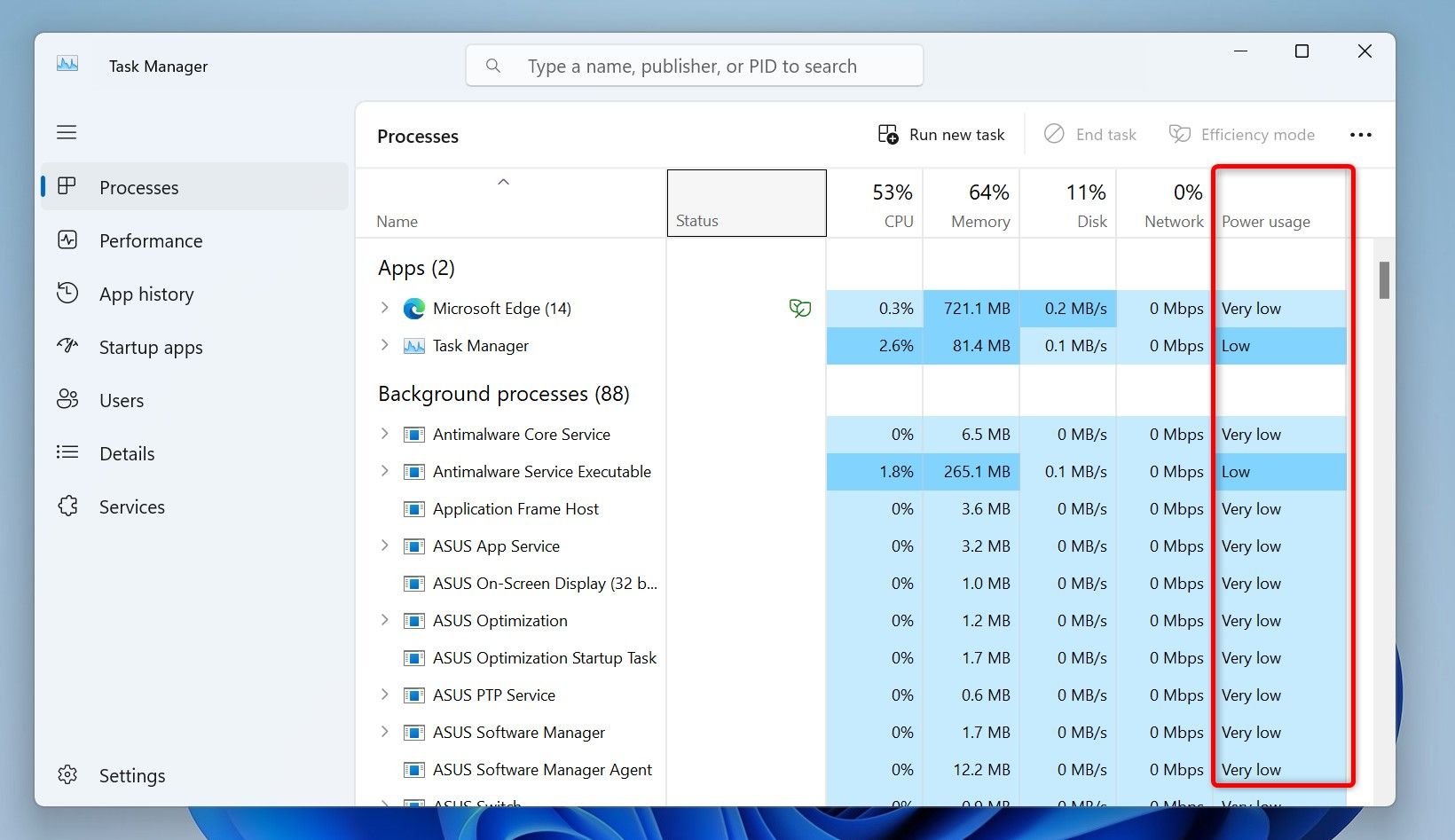 The "Power Usage" column highlighted in Task Manager.