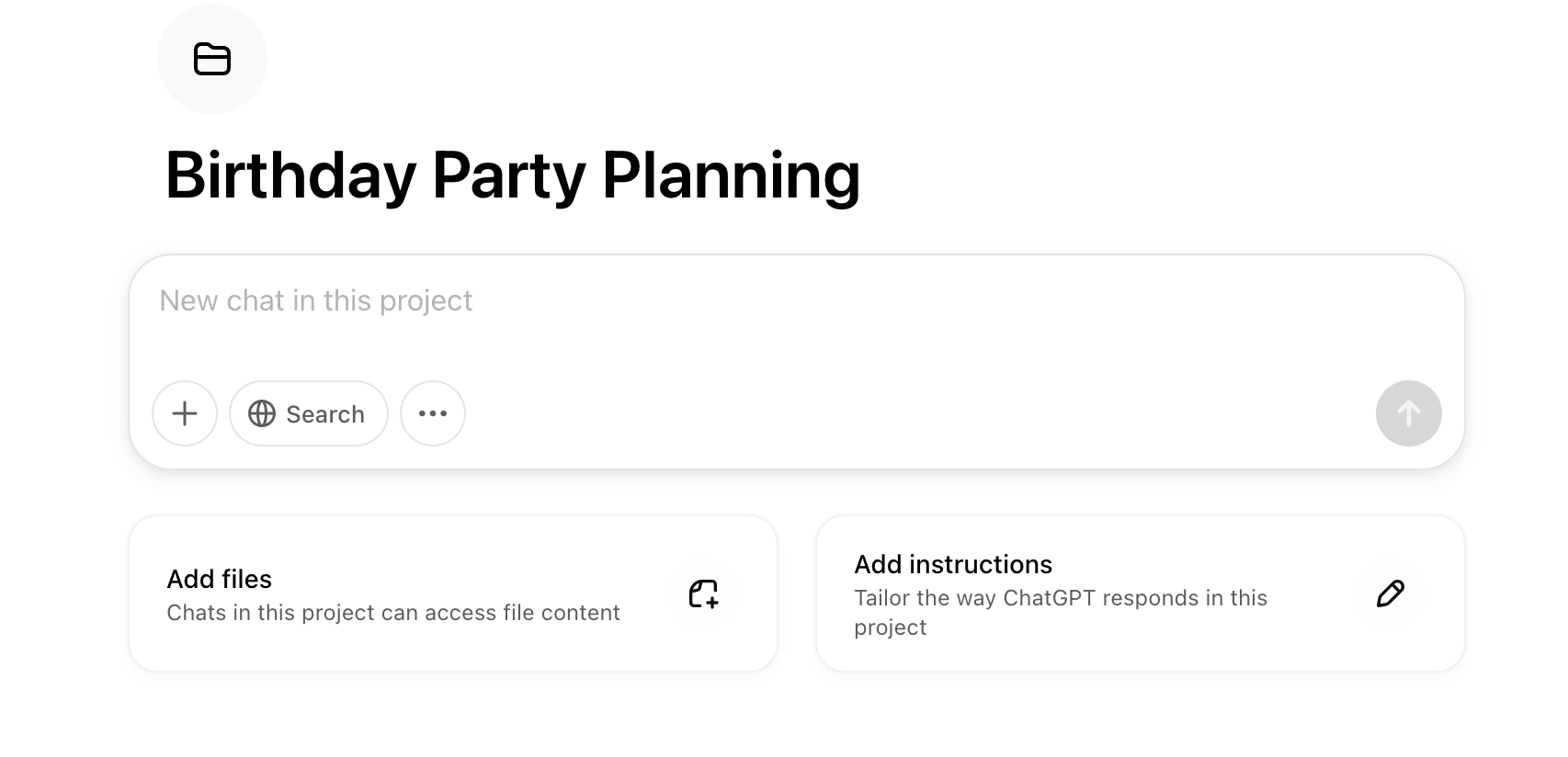 A birthday party planning project in ChatGPT on web showing the Add Files and Add Instructions options.